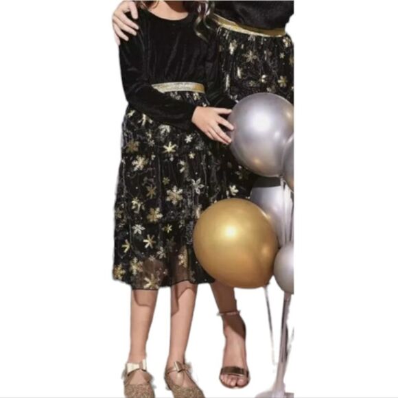 Big Girls Black Velvet & Gold Snowflake Tulle Holiday Dress Fit & Flare Festive - Picture 2 of 10